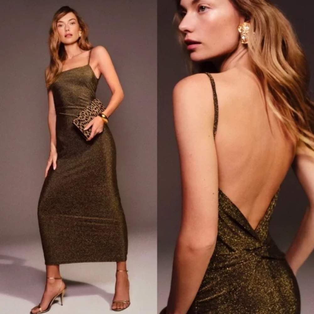 Reformation Breslin Knit Dress XL Gold Metallic Black Sparkle Maxi Cowl 1307462
